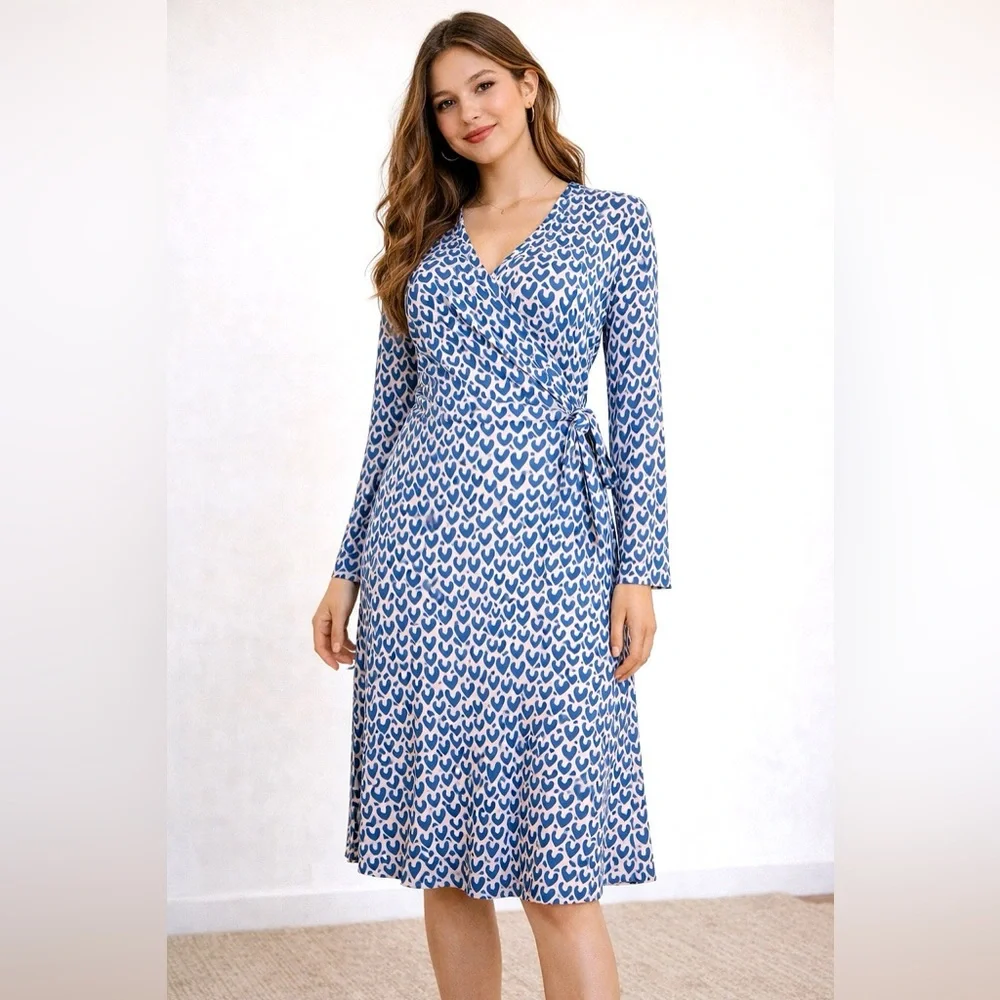 Boden Blue.& Pink Heart Print Wrap Stretch Jersey Dress Size 8 Long Sleeve - Picture 1 of 7
